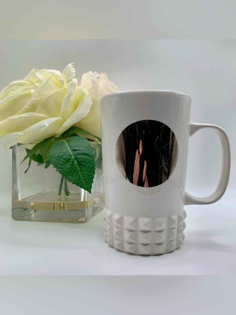 Starbucks 2014 White Studded Mirror Dot Collection ceramic coffee mug.